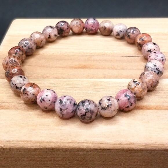Pink Rhodonite Gemstone Bracelet Artisan Stretchy Natural 8mm Beads Bohemian NEW - Picture 4 of 9
